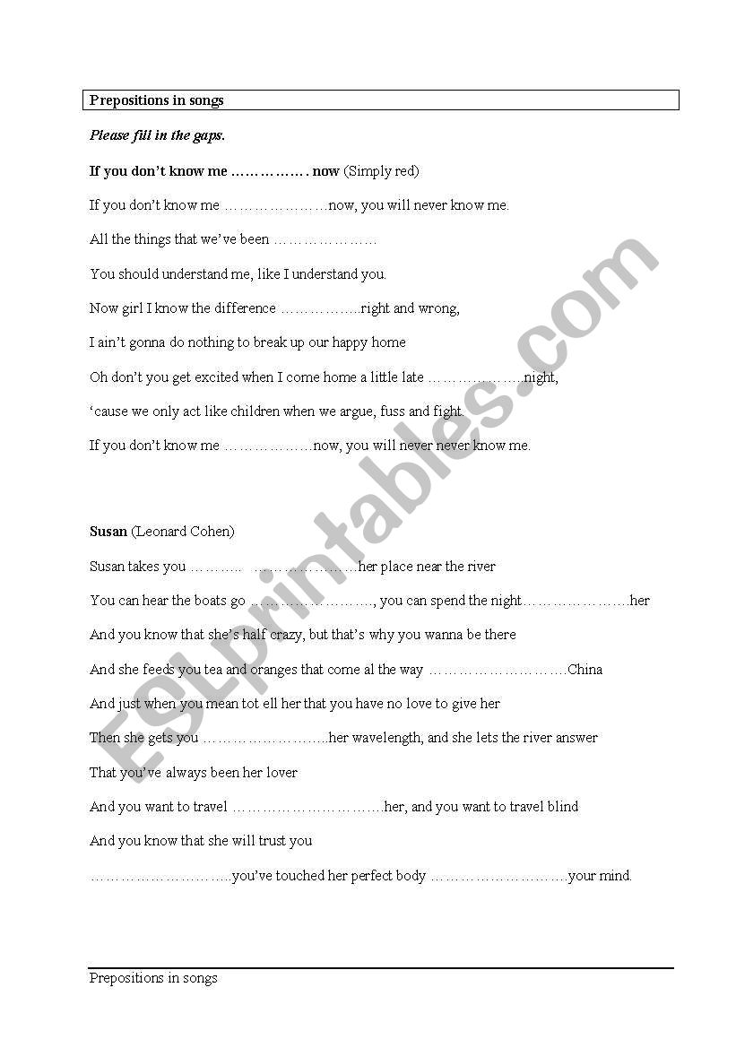 Prepositions in songs worksheet