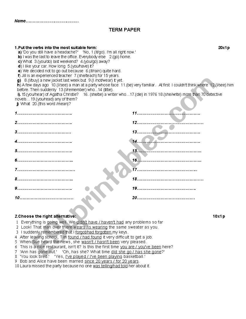 Tenses worksheet