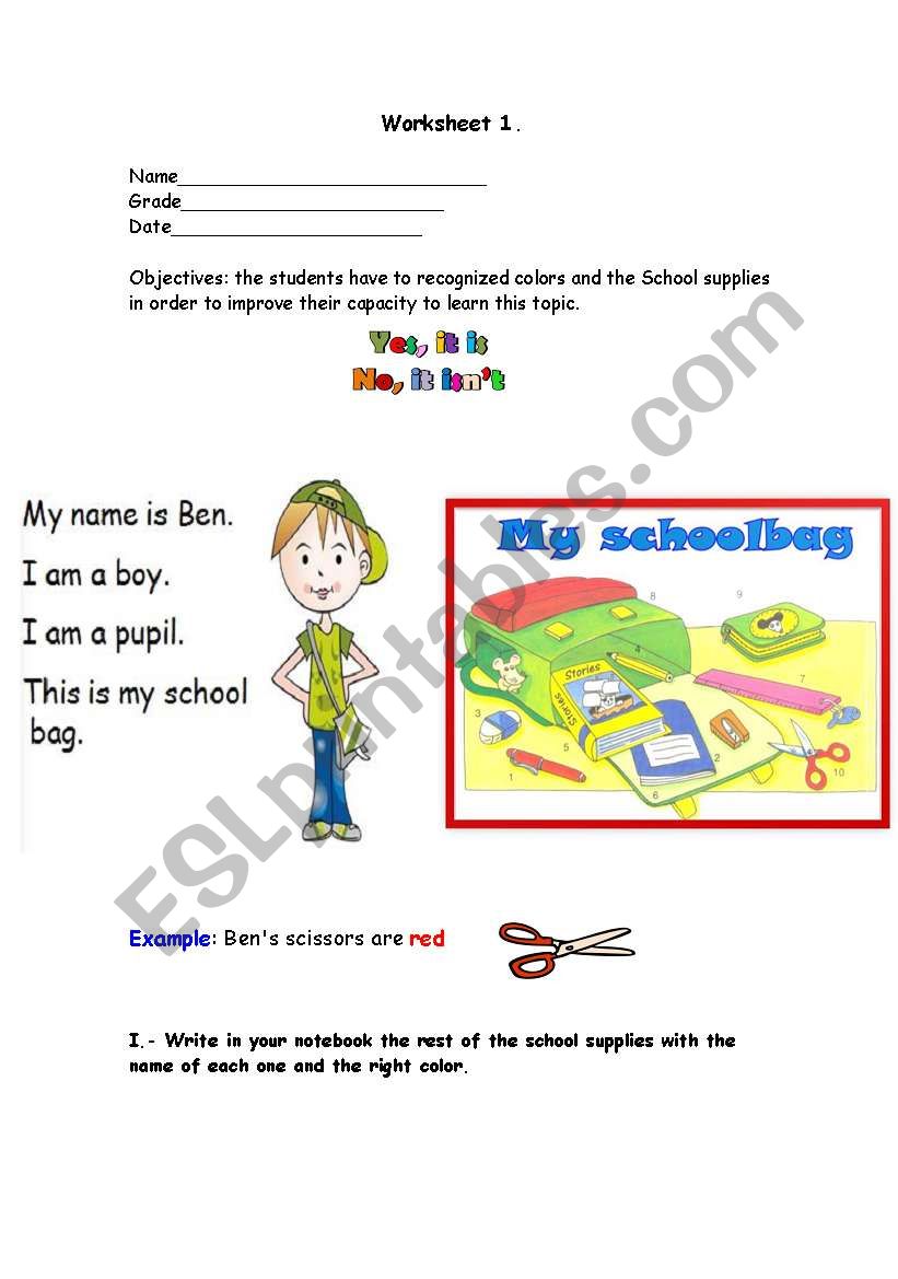 worksheet about school supplies 