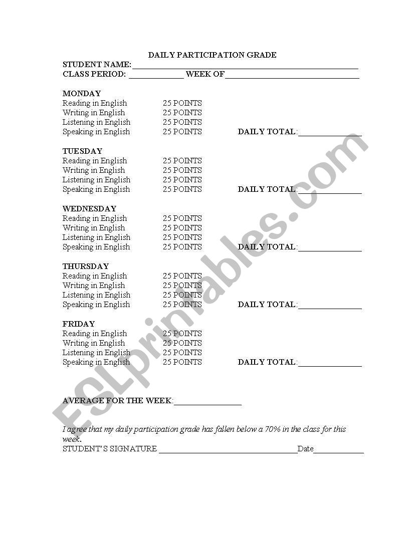 ESL Daily Participation Grade worksheet