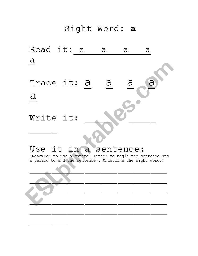 English Worksheets Sight Word Letter A