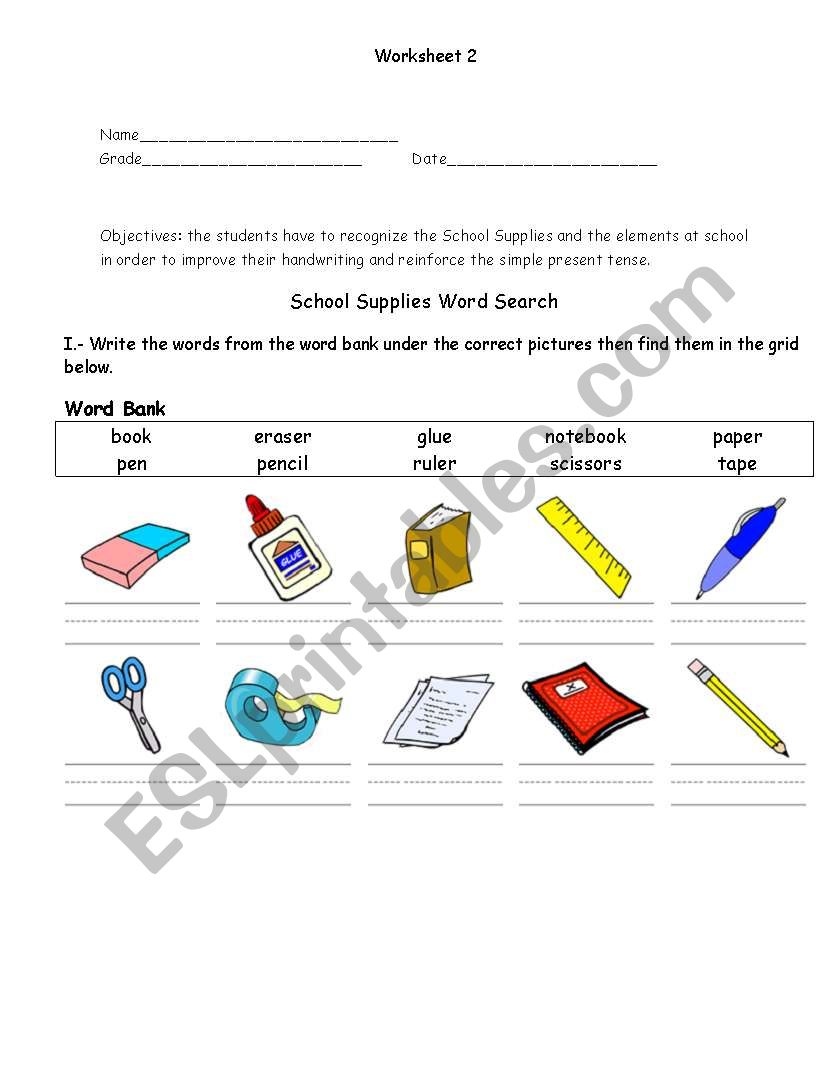 school supplies  worksheet
