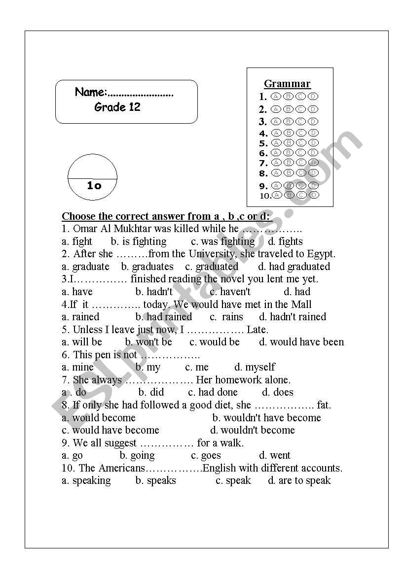 grammar test worksheet