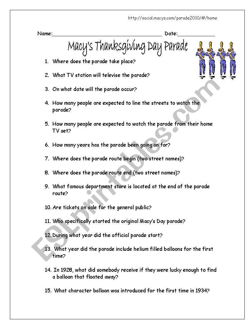 Thanksgiving Day Parade worksheet