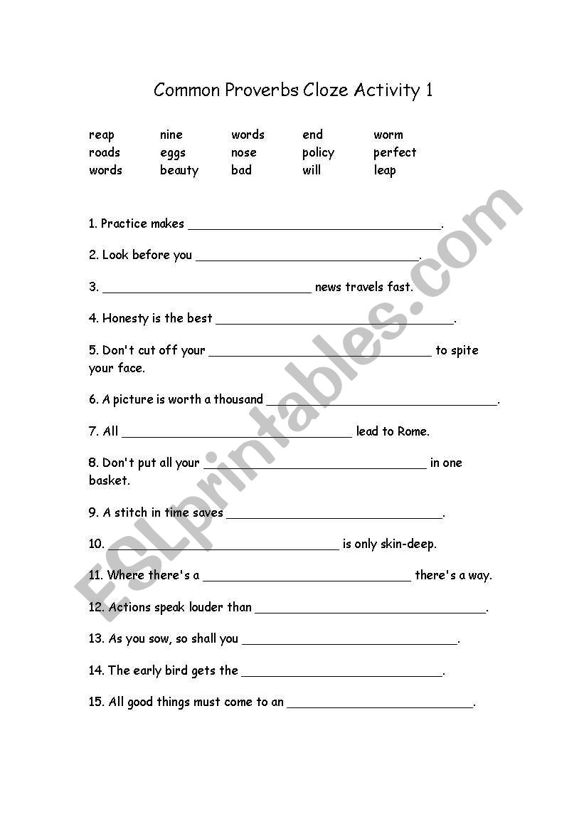 Common Proverbs CLOZE worksheet