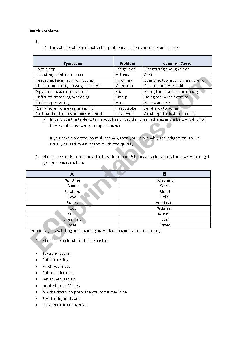 Health problems worksheet