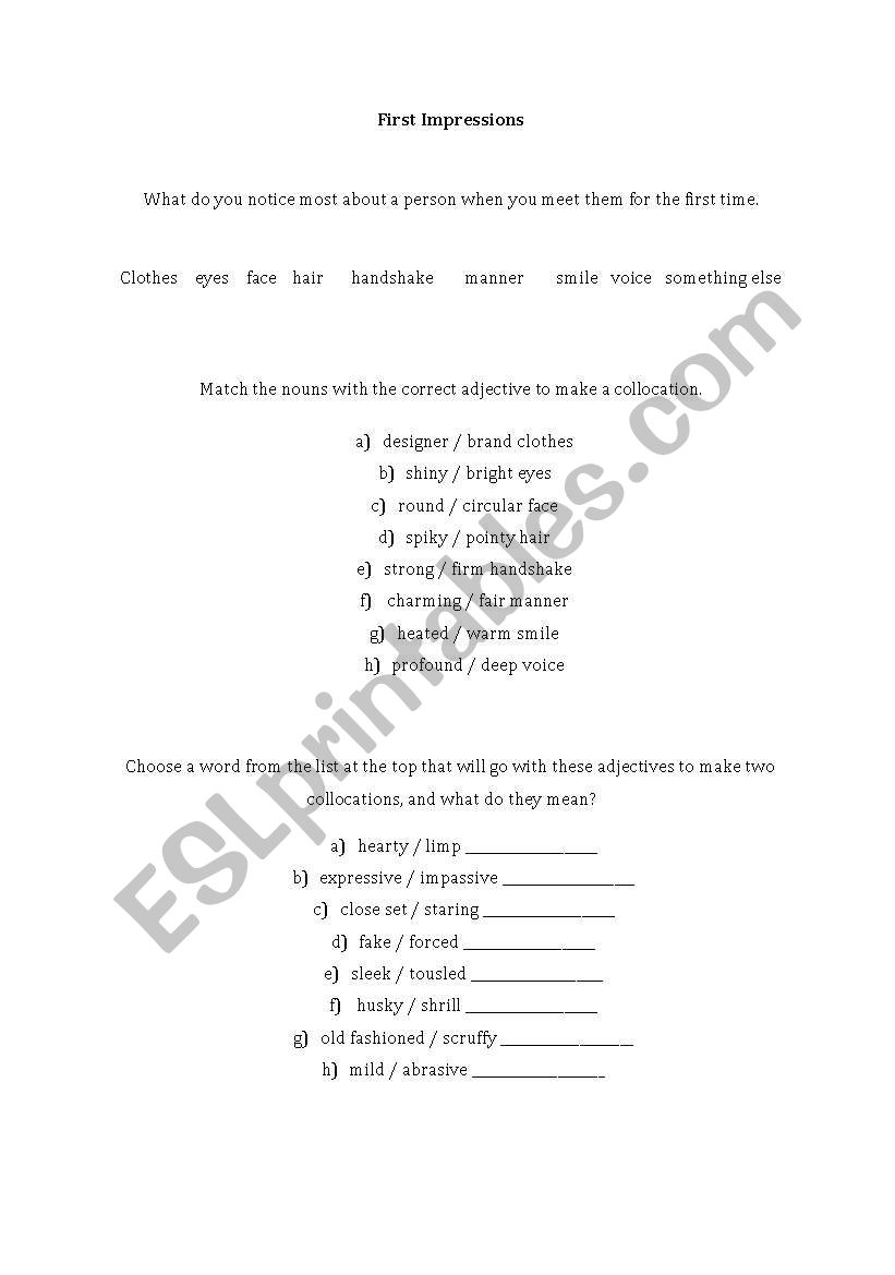 First impressions vocabulary worksheet