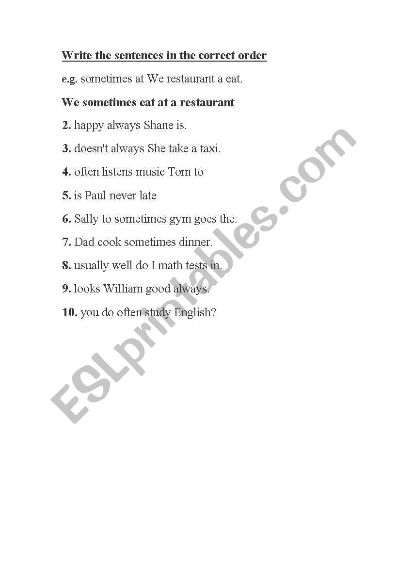 FREQUENCY ADVERBS worksheet