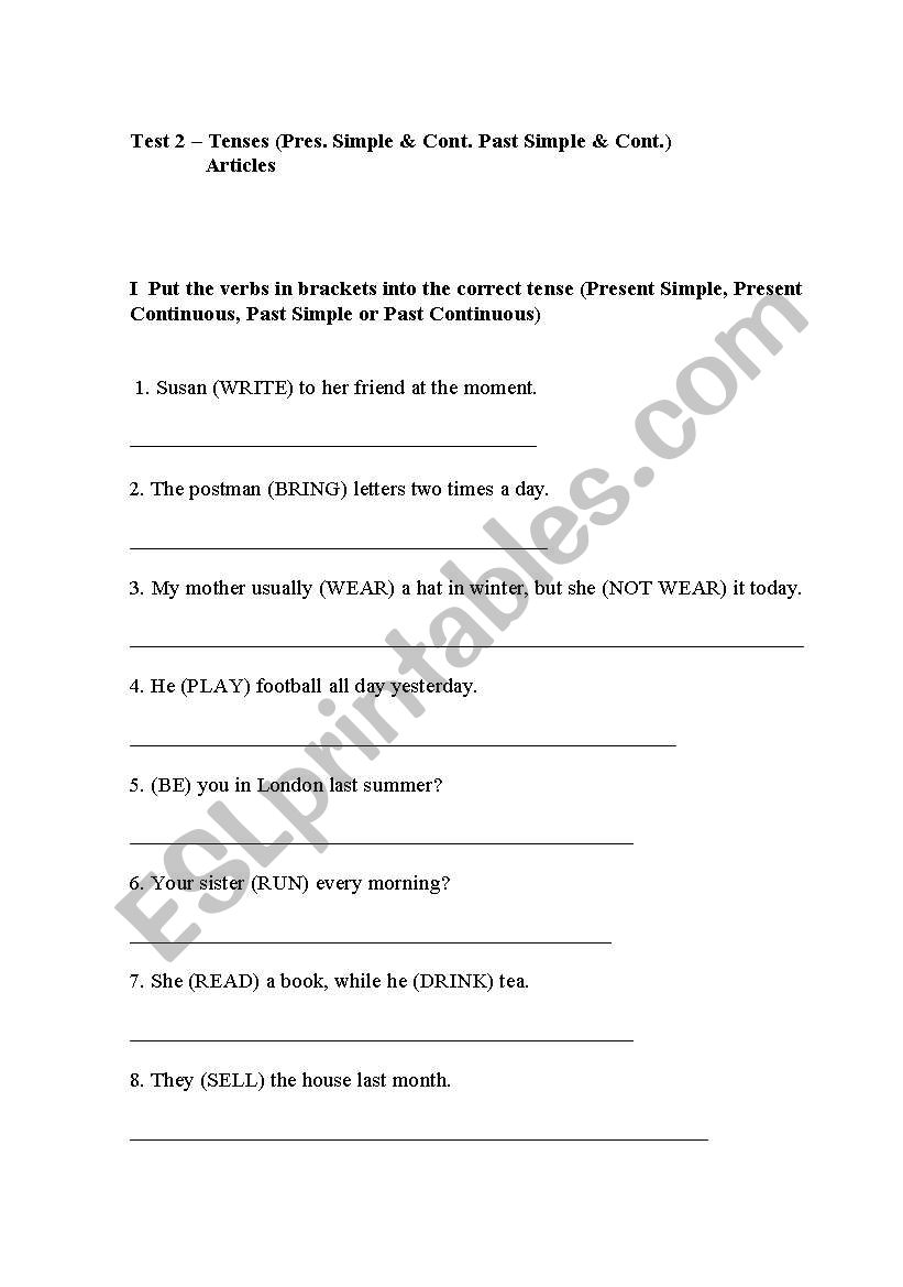 Tenses, Articles worksheet