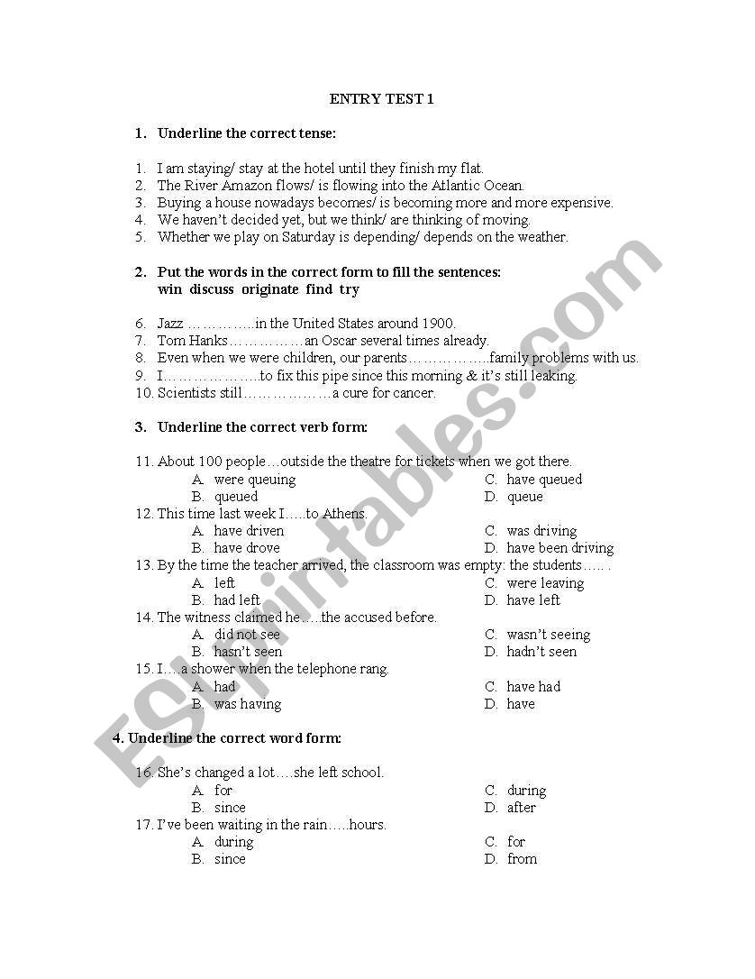 Entry test worksheet