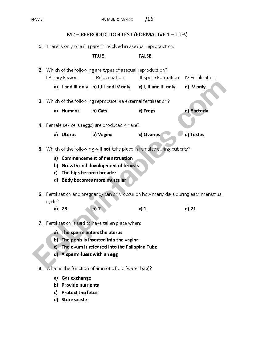 Science - Reproduction worksheet