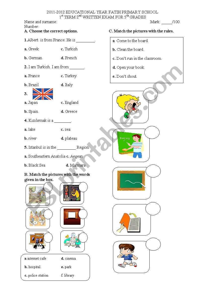 exam for 5th gfrades worksheet