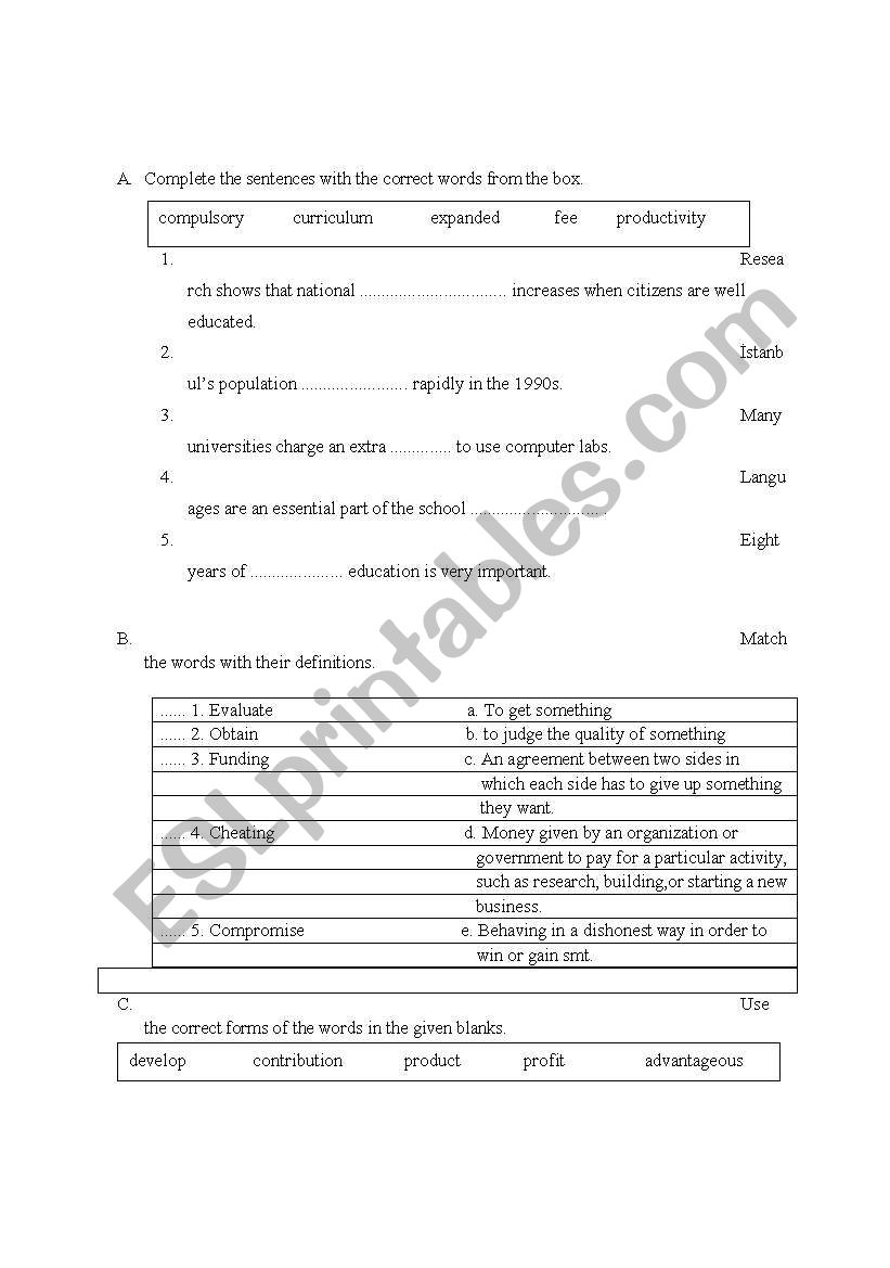 english worksheets intermediate vocabulary