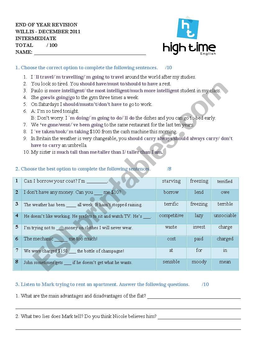 End of year test worksheet
