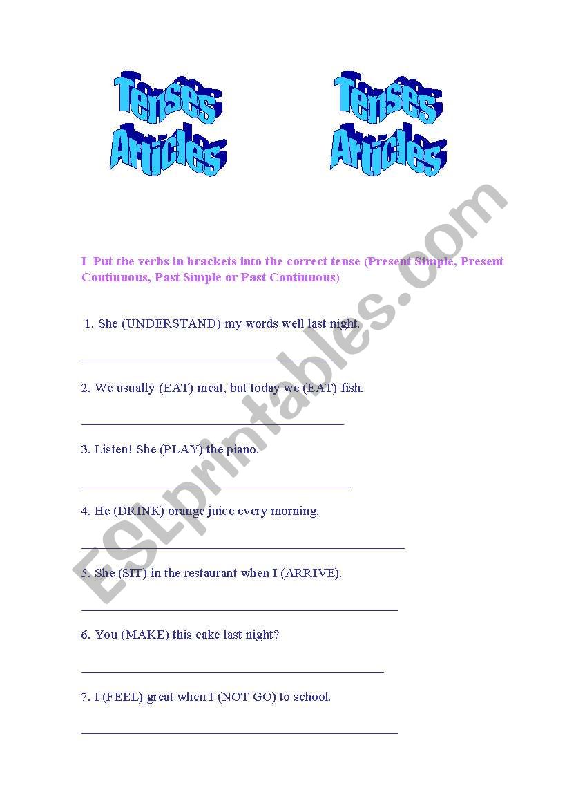 Tenses, Articles worksheet