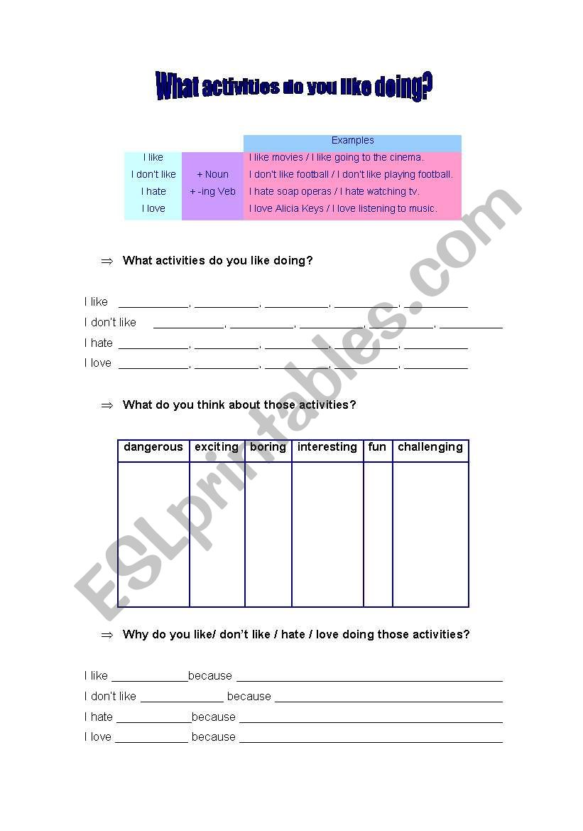 Likes and dislikes worksheet