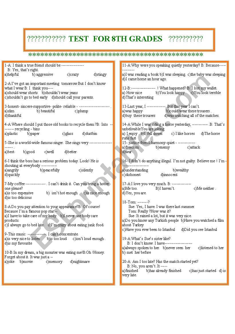 revision test  worksheet