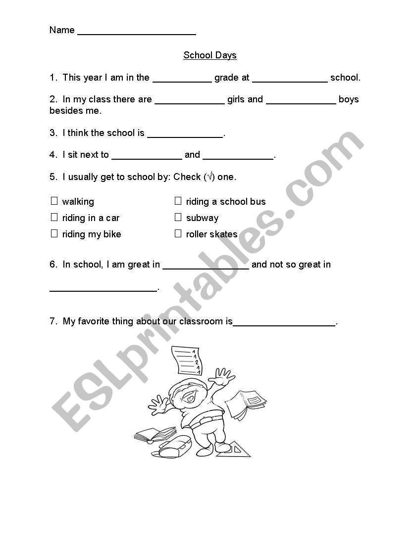 School Days: A worksheet about me and my school