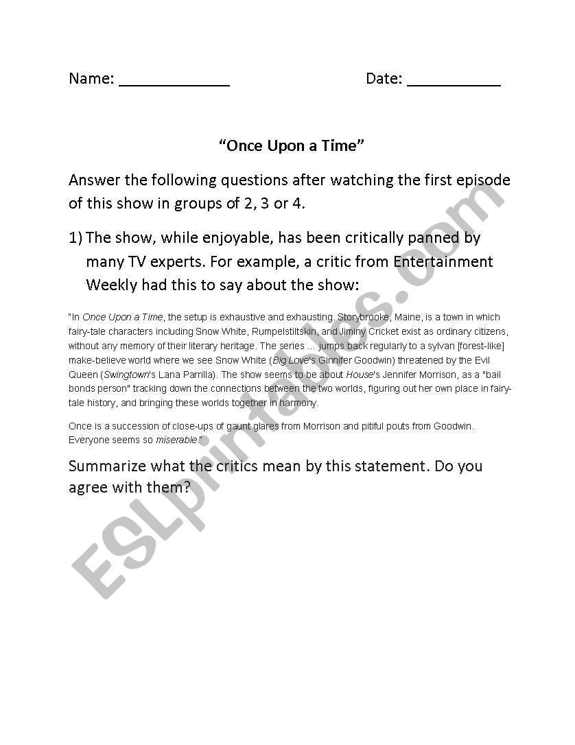 Once Upon a Time worksheet