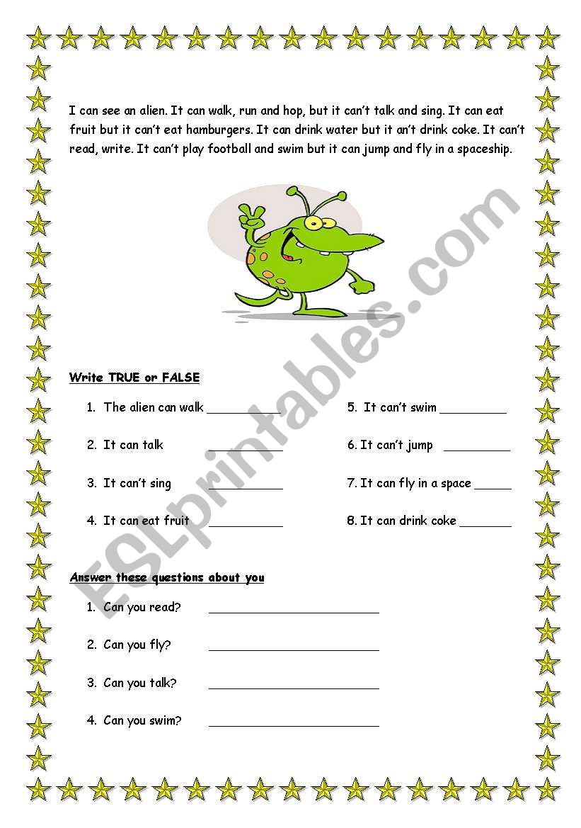 The alien can.... worksheet