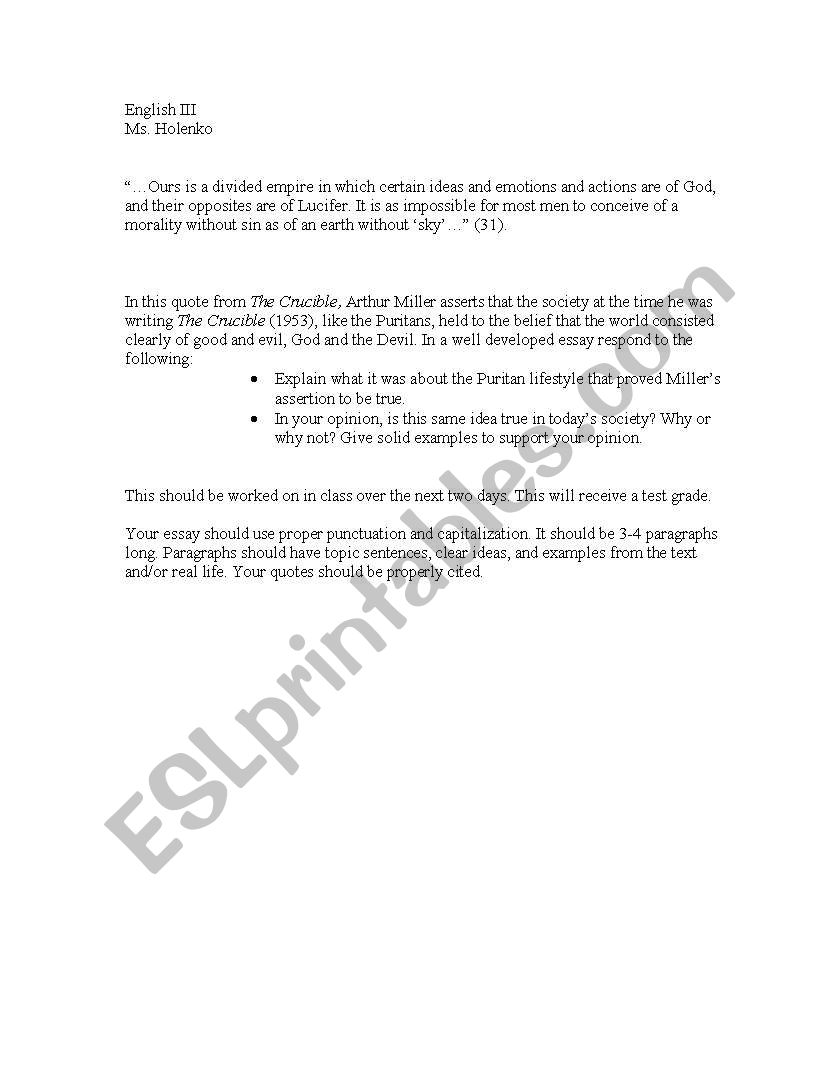 The Crucible Essay worksheet