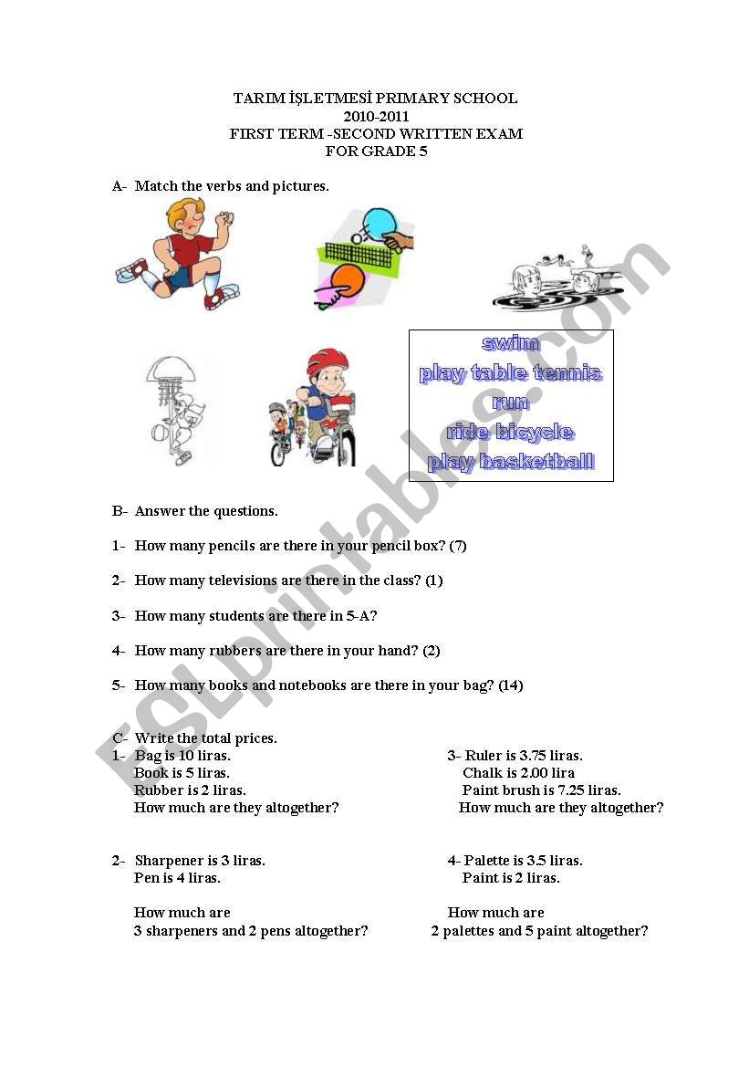 5th grade exam worksheet