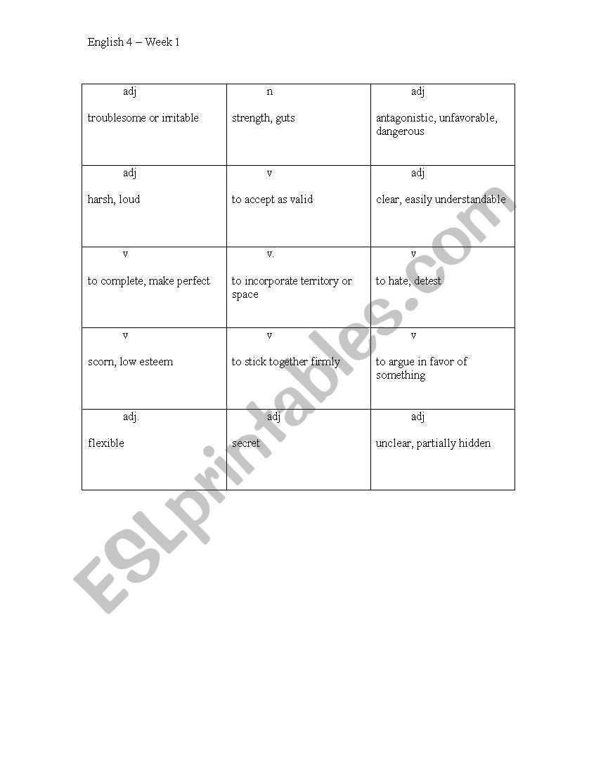 10th Grade English Vocabulary - Week 1, Student