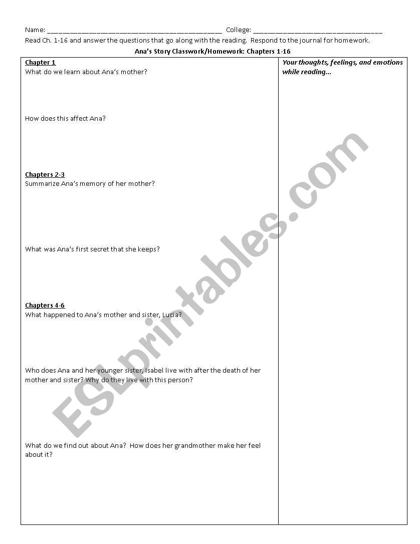 Anas Story Comprehension Questions Ch. 1-14