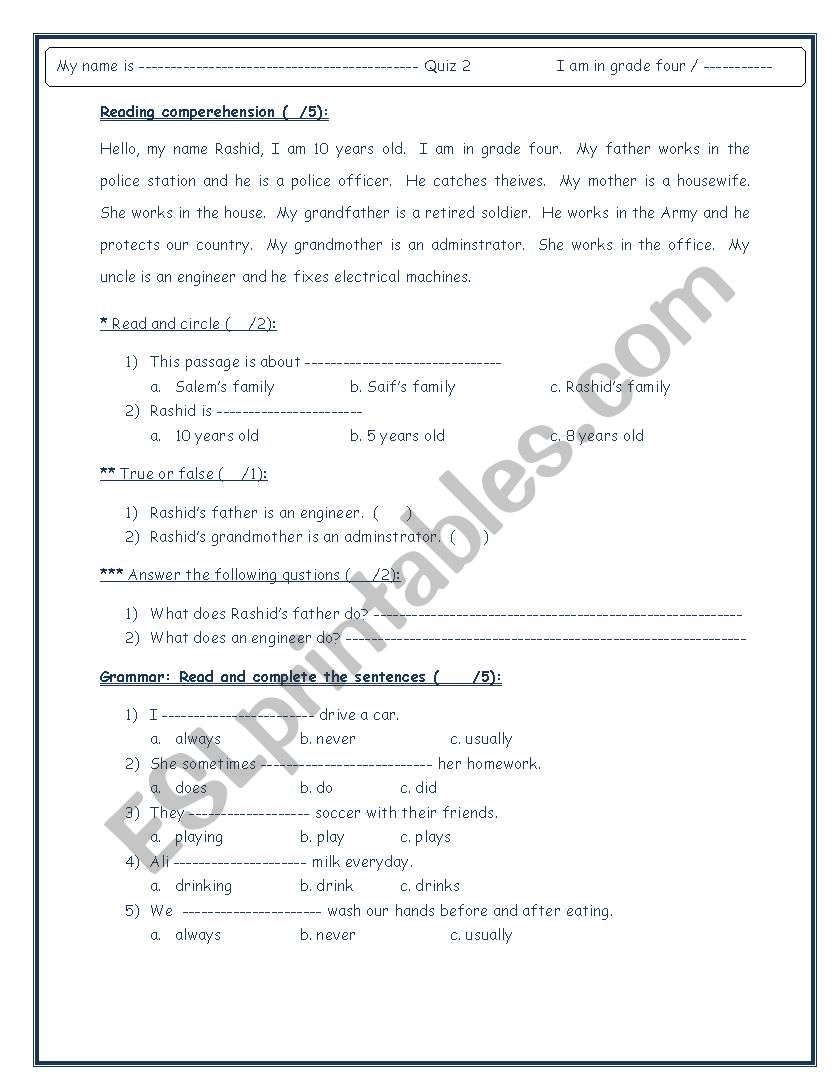 Quiz about jobs and family members activities