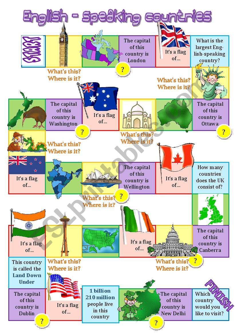 English speaking Countries Board Game 2 ESL Worksheet By Diana561