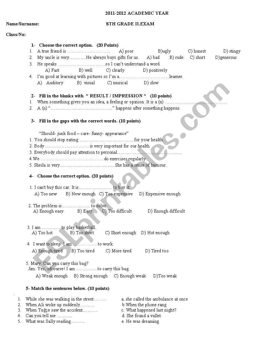 8th grade exam worksheet