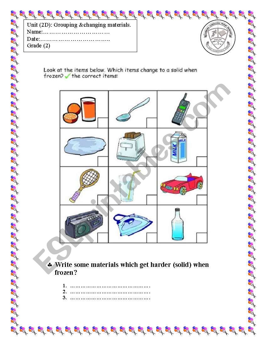 Frozen materials worksheet