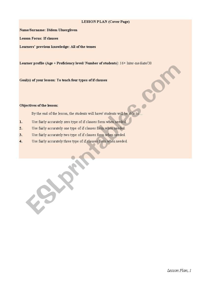 Lesson Plan of If Clauses worksheet