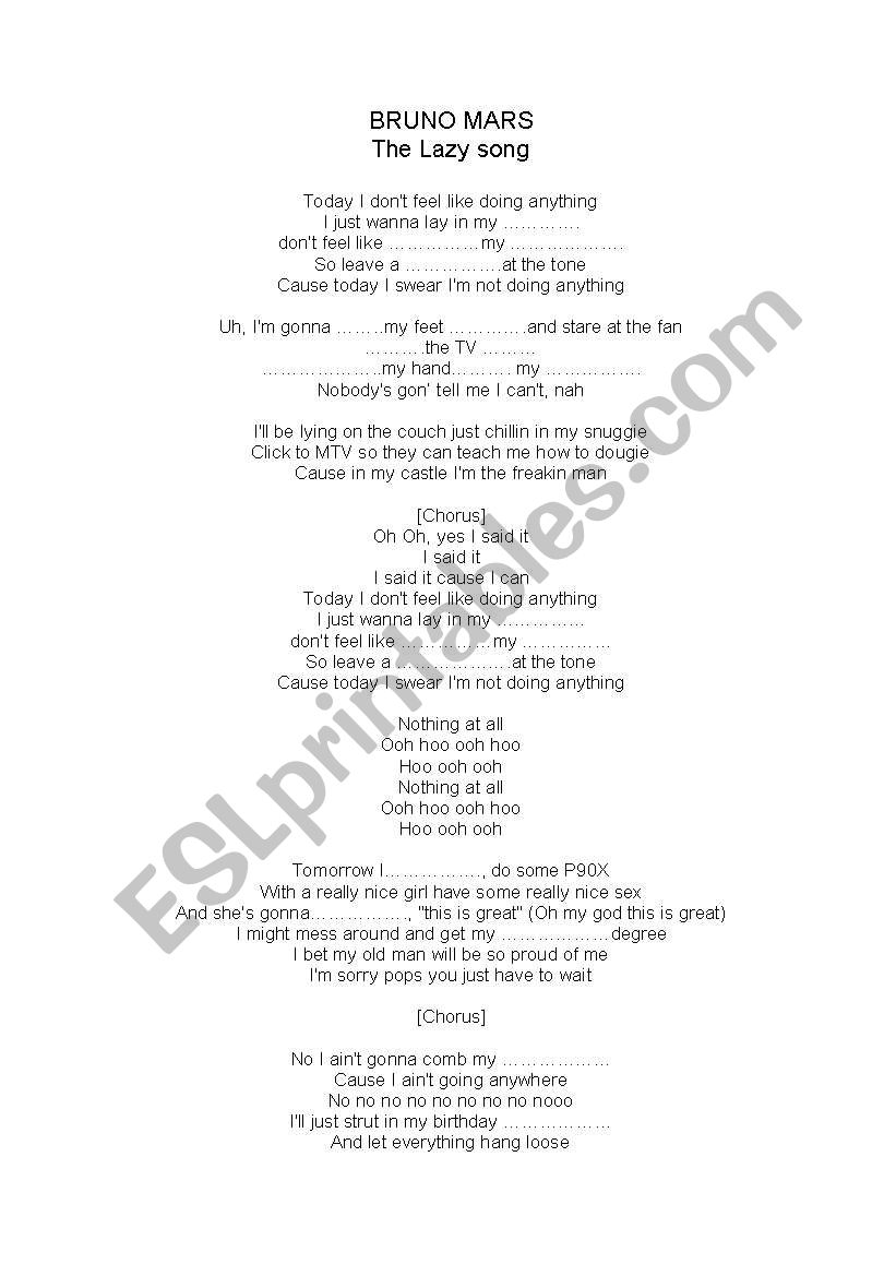 The Lazy song worksheet