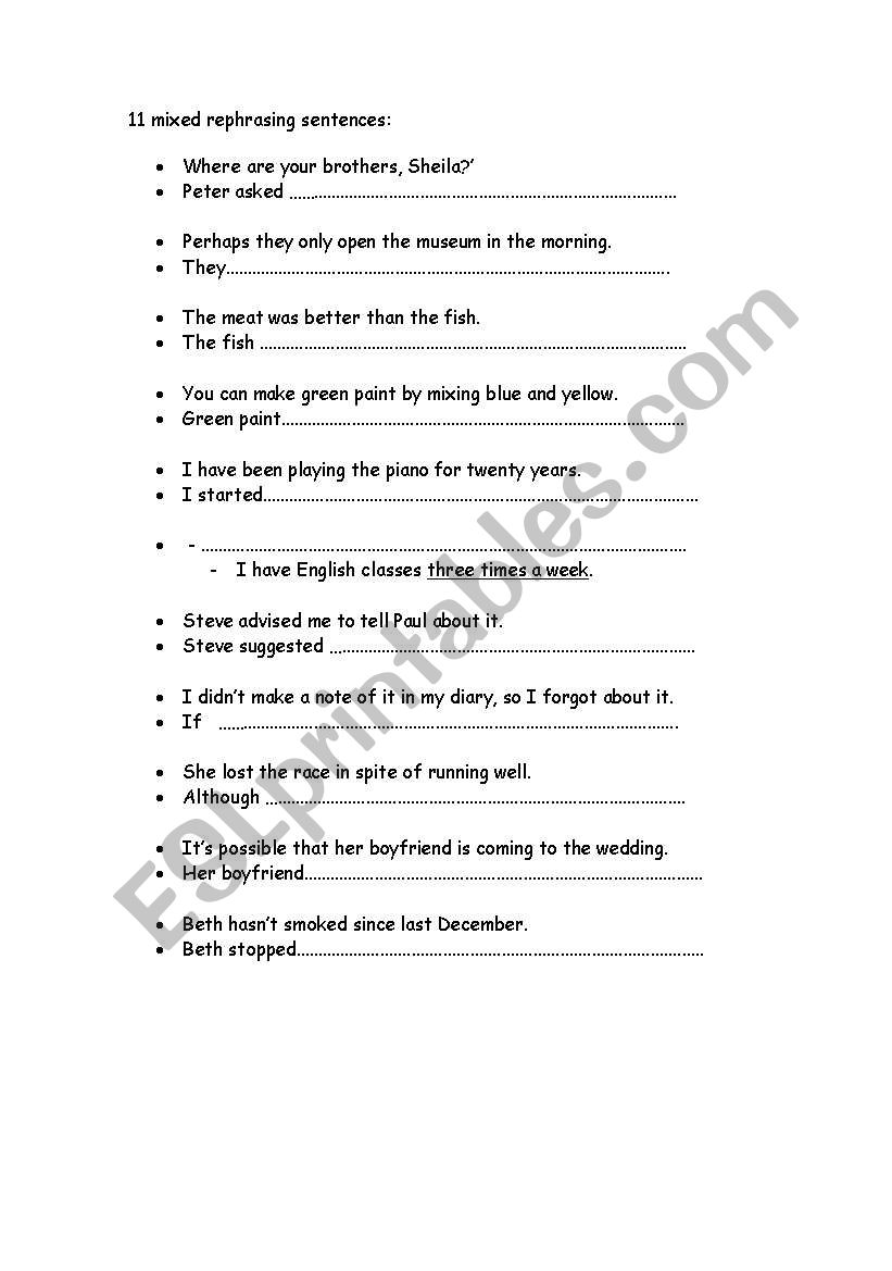 11 mixed rephrasing sentences worksheet