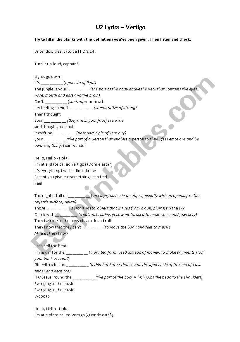 U2-Vertigo worksheet