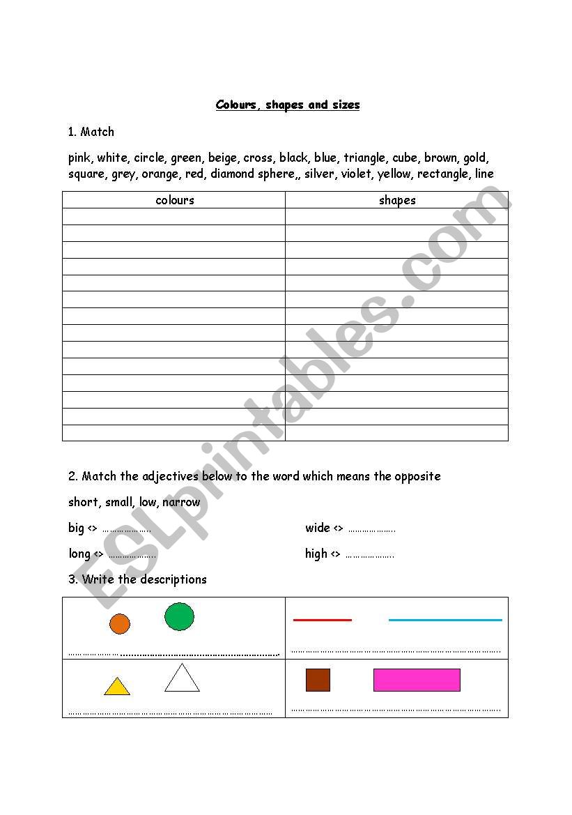 Colours, shapes and sizes worksheet