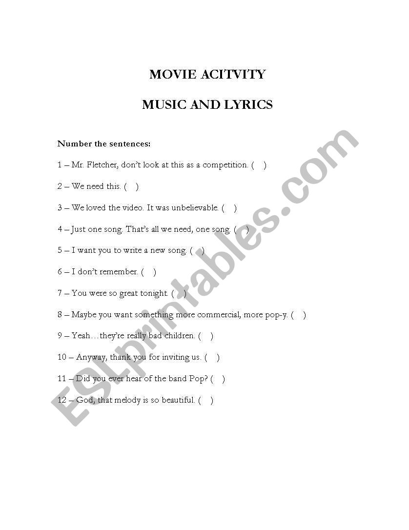 Movie: Music & Lyrics worksheet