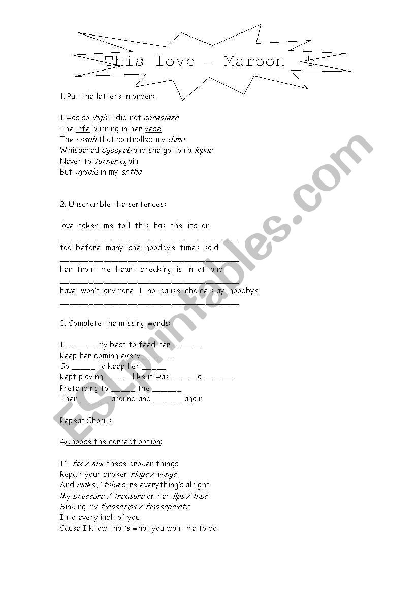 Song This Love by Maroon 5 worksheet