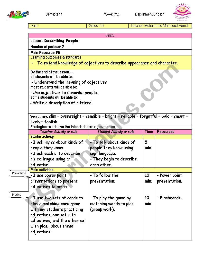 family  and description worksheet