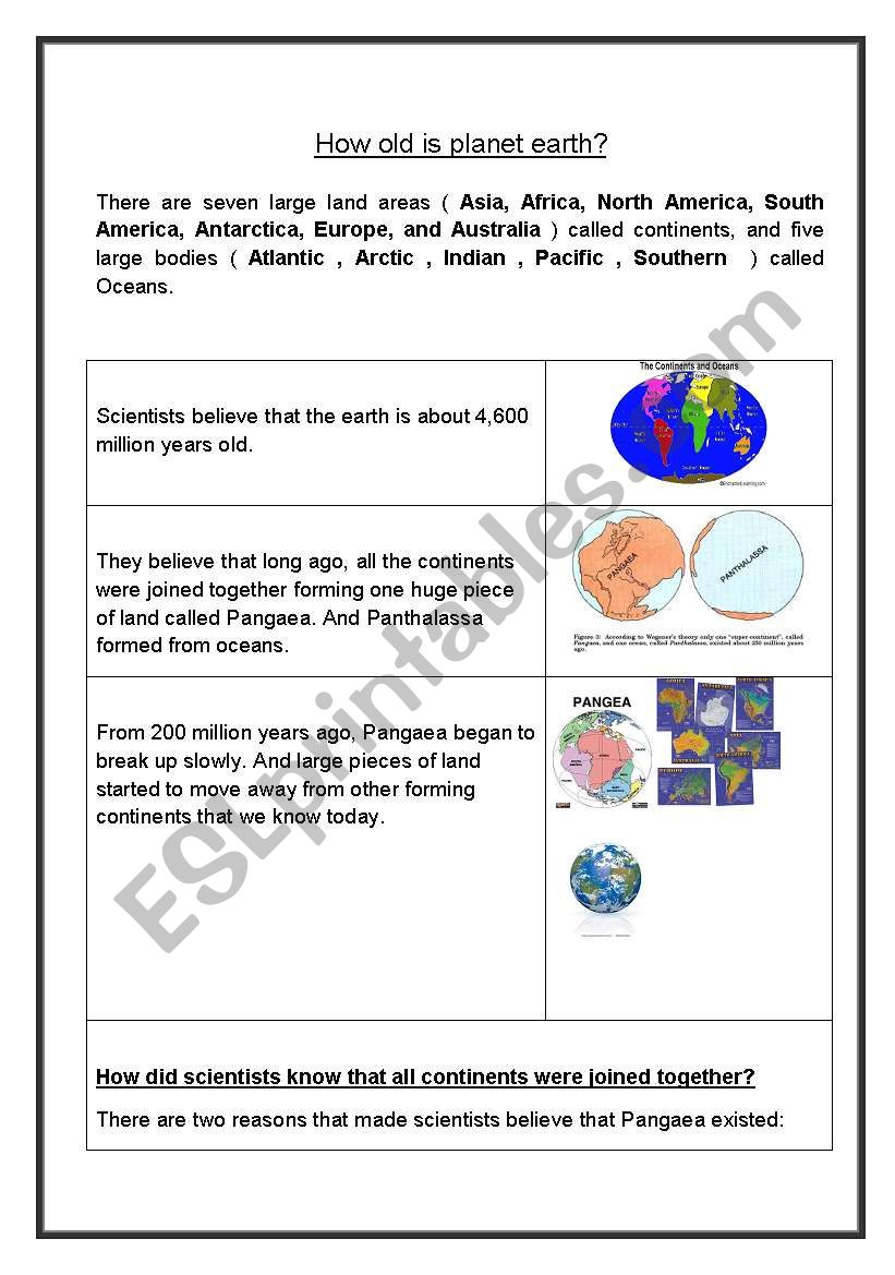 How old is planet earth? worksheet