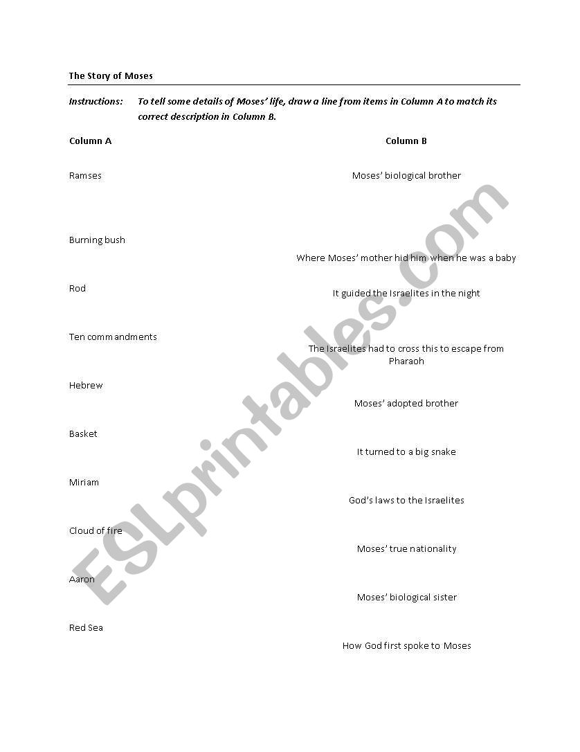 The Story of Moses - Matching worksheet