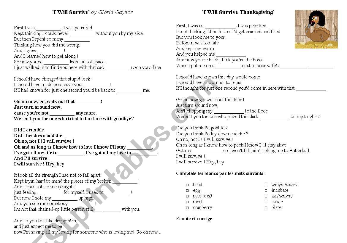I will survive (Thanksgiving) worksheet