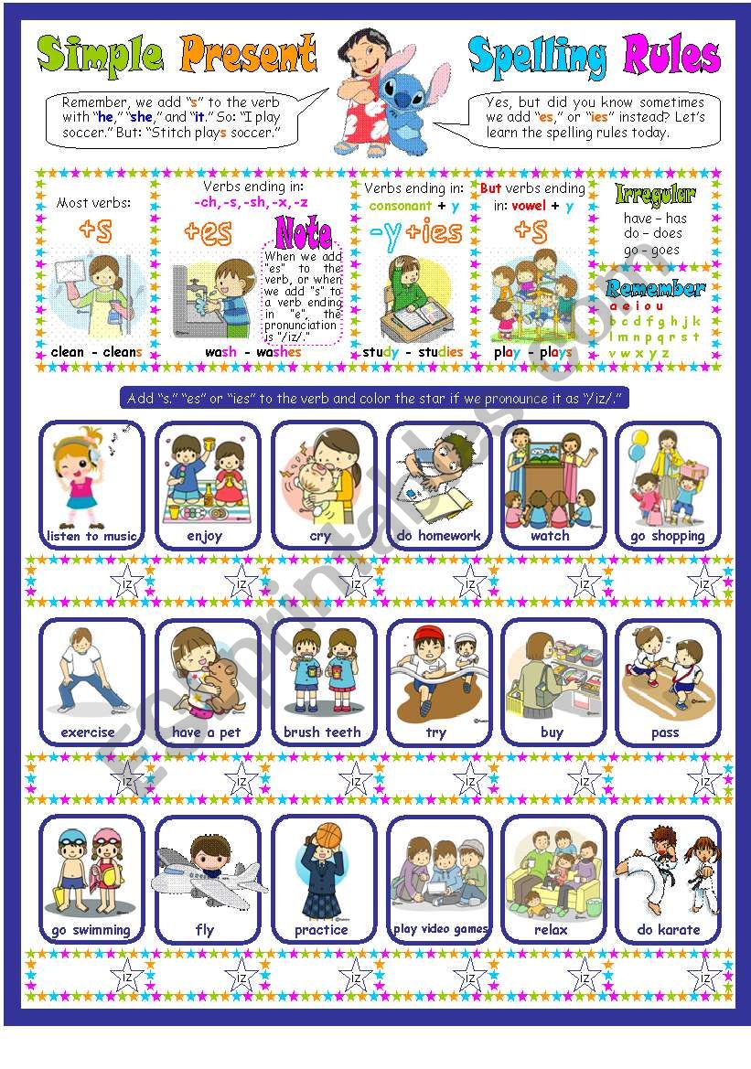 Present Simple Third Peson s Spelling Rules S Es Ies ESL Worksheet By Juliag