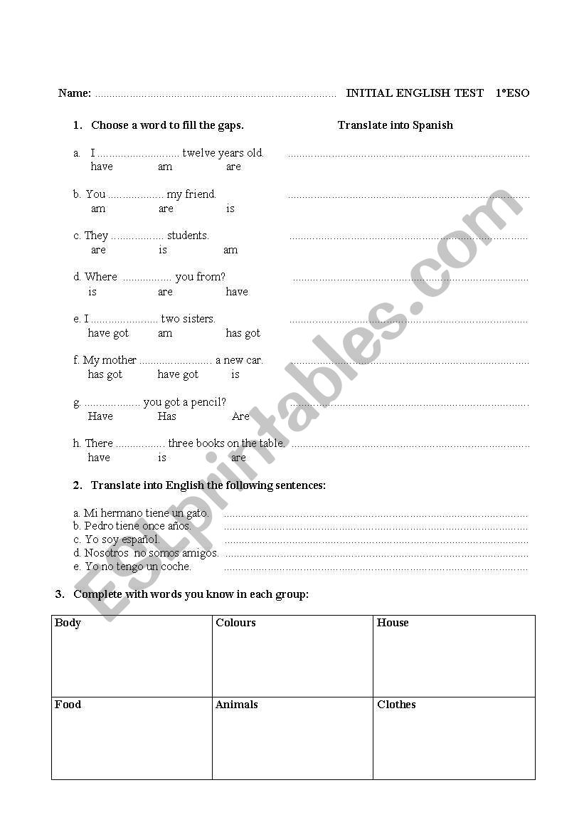 Initial English Test 1 ESO worksheet