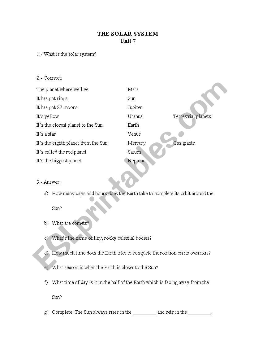 The solar system worksheet