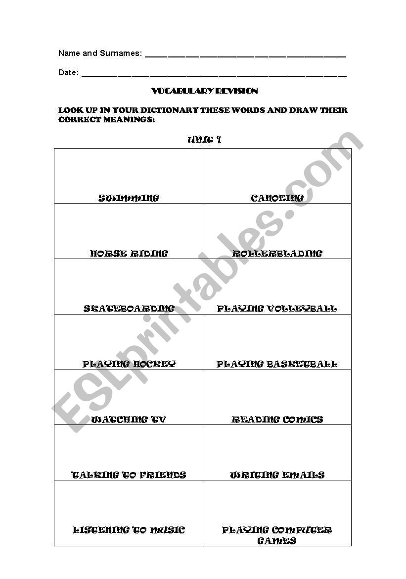 Vocabulary revision worksheet