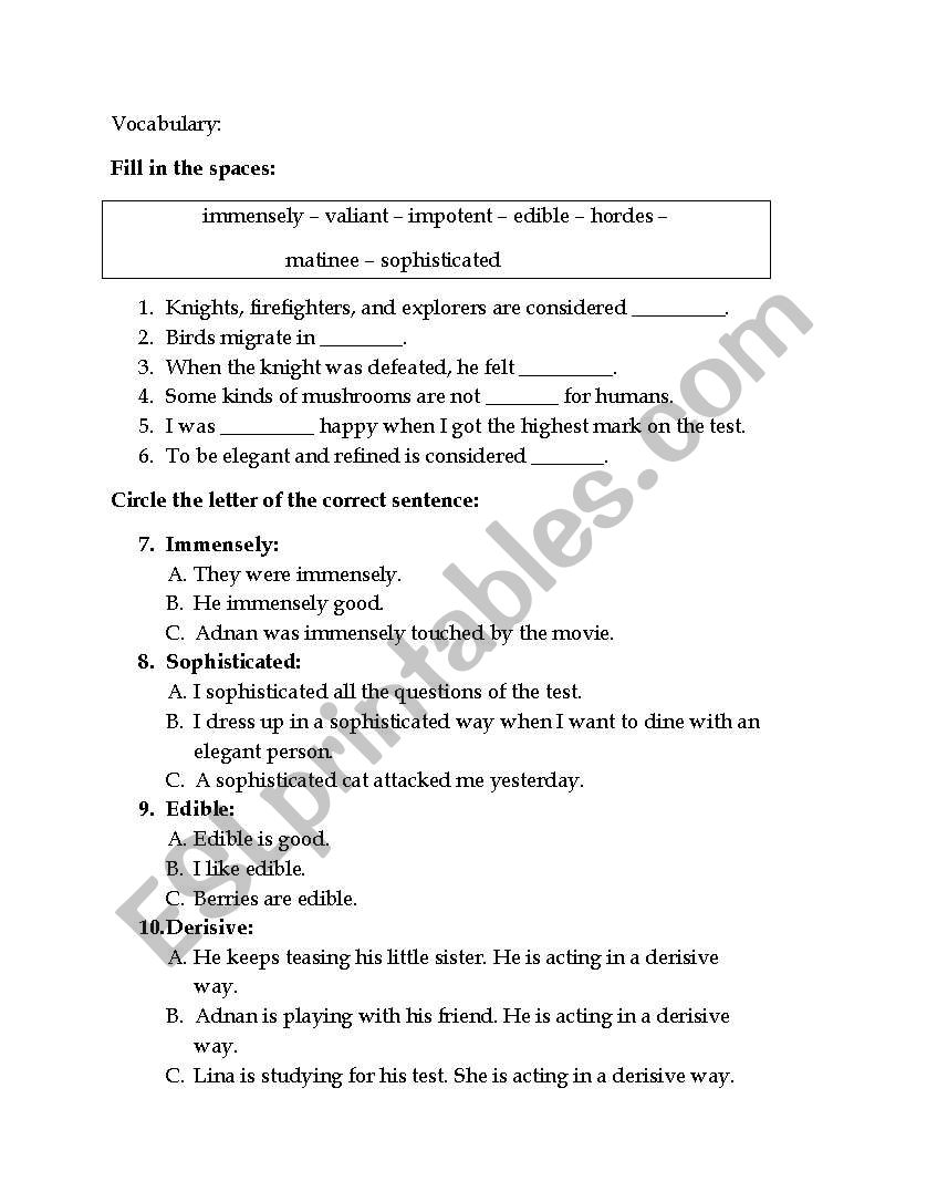 Vocabulary sheet worksheet