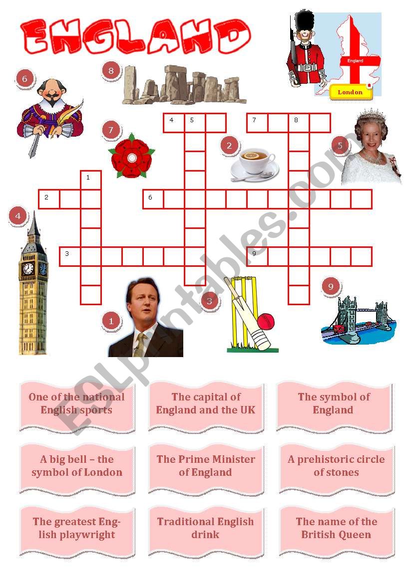 England a crossword for young learners ESL worksheet by Diana561