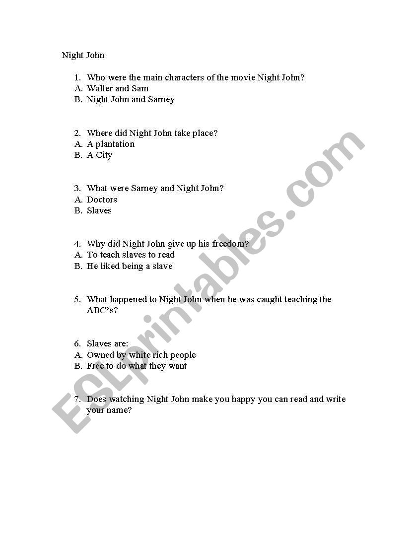 Night John Test (Easy) worksheet